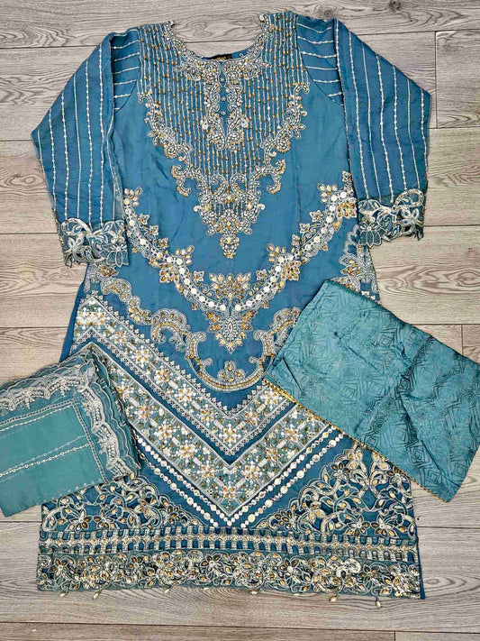 MB duck blue colour hand embroidered shirt in organza fabric