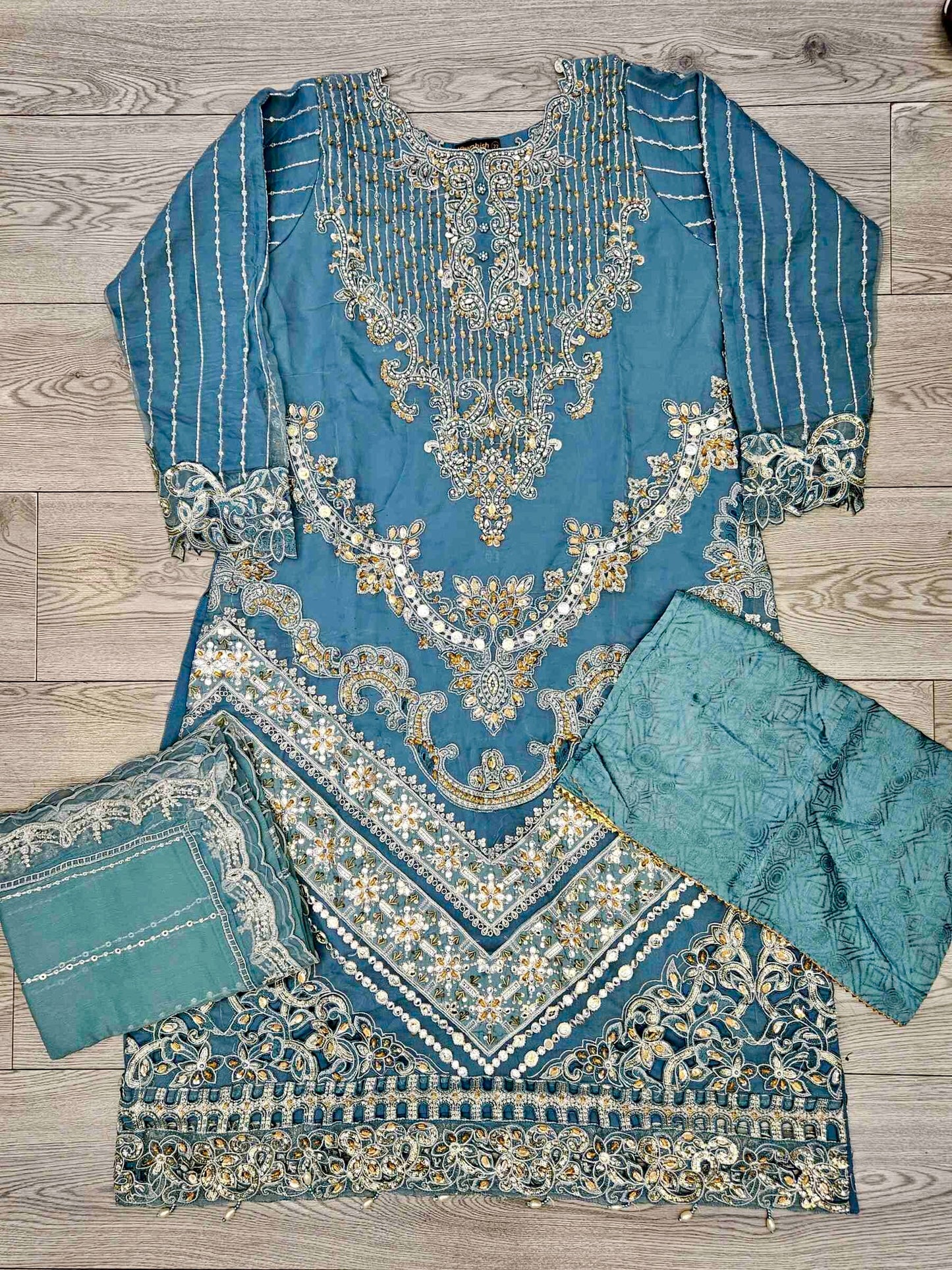 MB duck blue colour hand embroidered shirt in organza fabric
