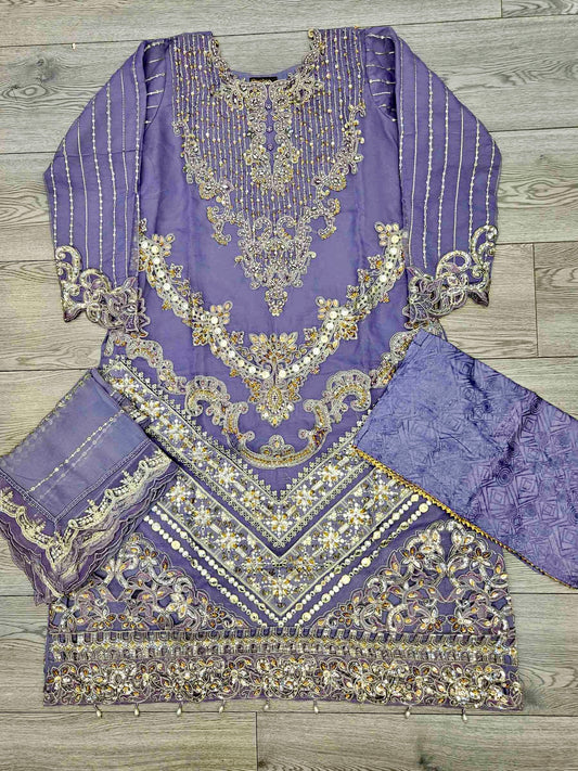 MB lilac colour hand embroidered shirt in organza fabric