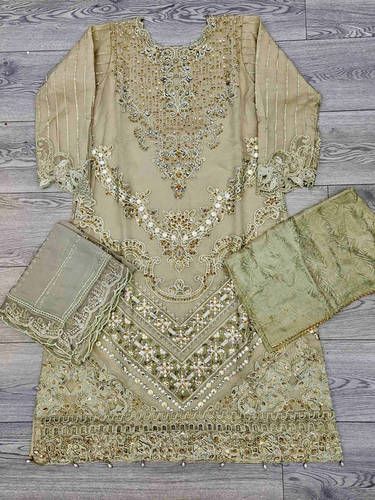 MB light olive green colour hand embroidered shirt in organza fabric