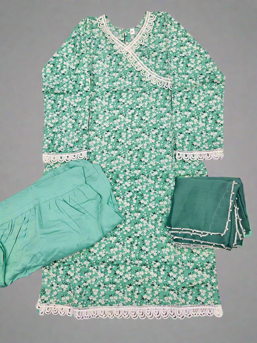 Girl's Mint Green colour Floral Print Cotton Fabric Sharara Suit, Fashion Casual Long Sleeve for Daily Indoor and Outdoor Wear, Kids Girls Clothing For Spring Fall Winter Summer