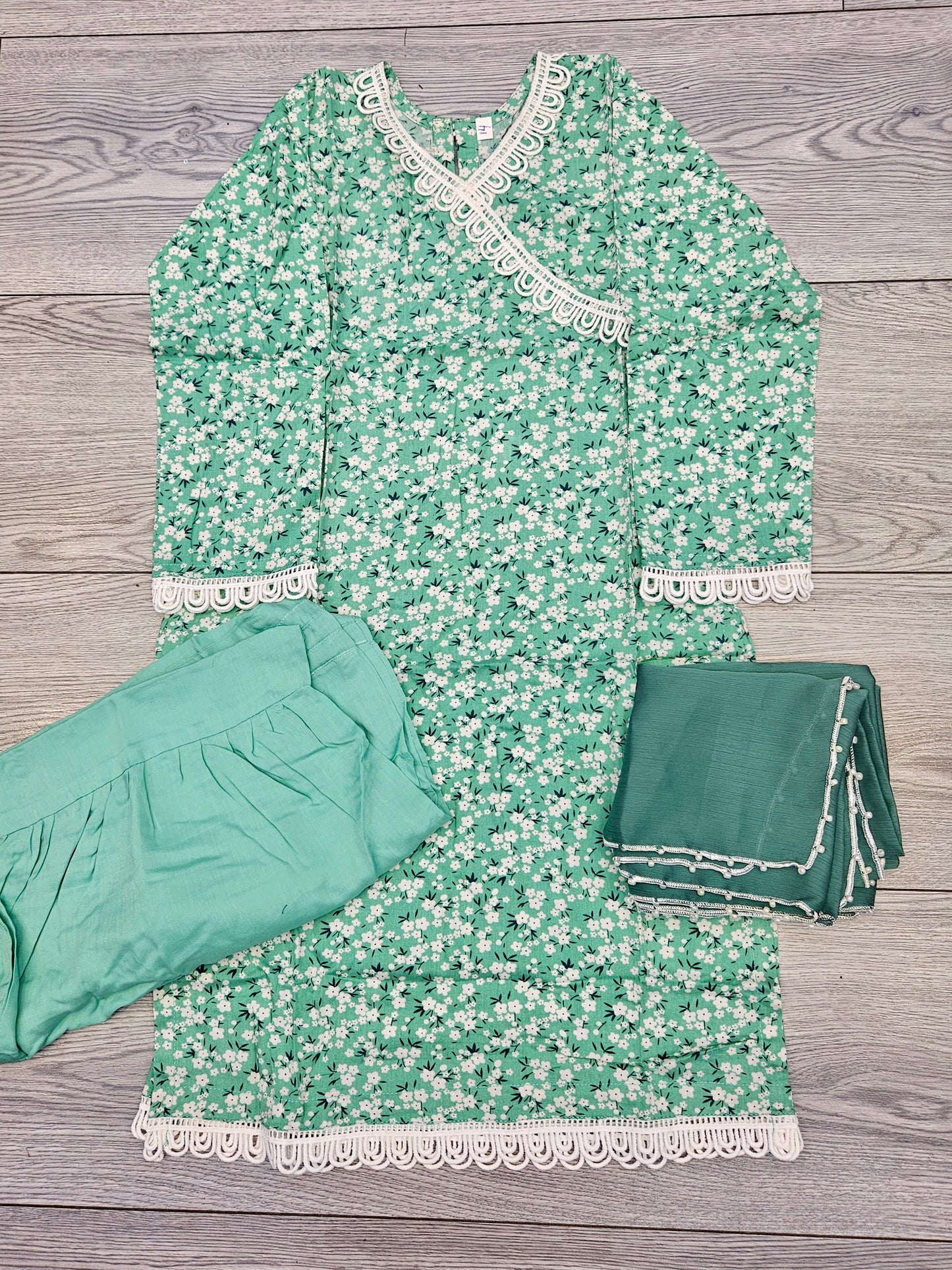 Girl's Mint Green colour Floral Print Cotton Fabric Sharara Suit, Fashion Casual Long Sleeve for Daily Indoor and Outdoor Wear, Kids Girls Clothing For Spring Fall Winter Summer
