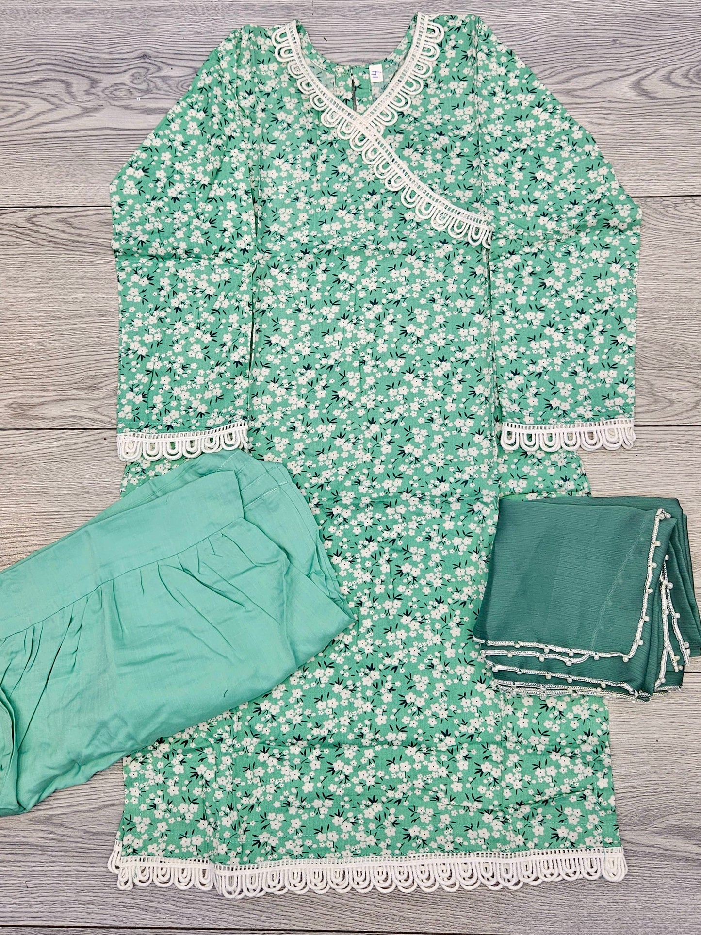 Girl's Mint Green colour Floral Print Cotton Fabric Sharara Suit, Fashion Casual Long Sleeve for Daily Indoor and Outdoor Wear, Kids Girls Clothing For Spring Fall Winter Summer
