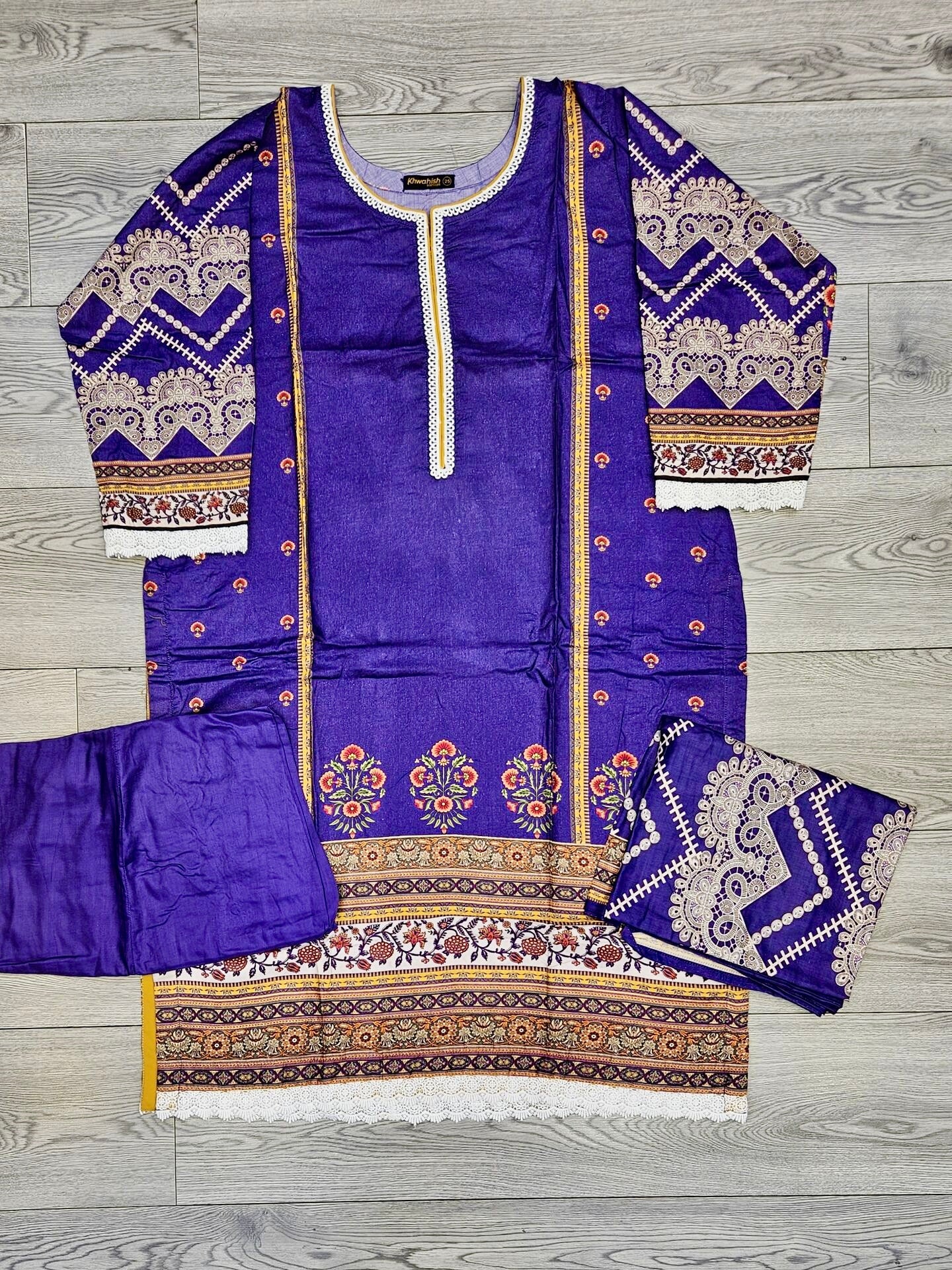 Violet floral print linen fabric shalwar kameez - Sizes M to 8XL - Womenswear traditional casual indoor outdoor clothing plus size comfort for fall winter spring