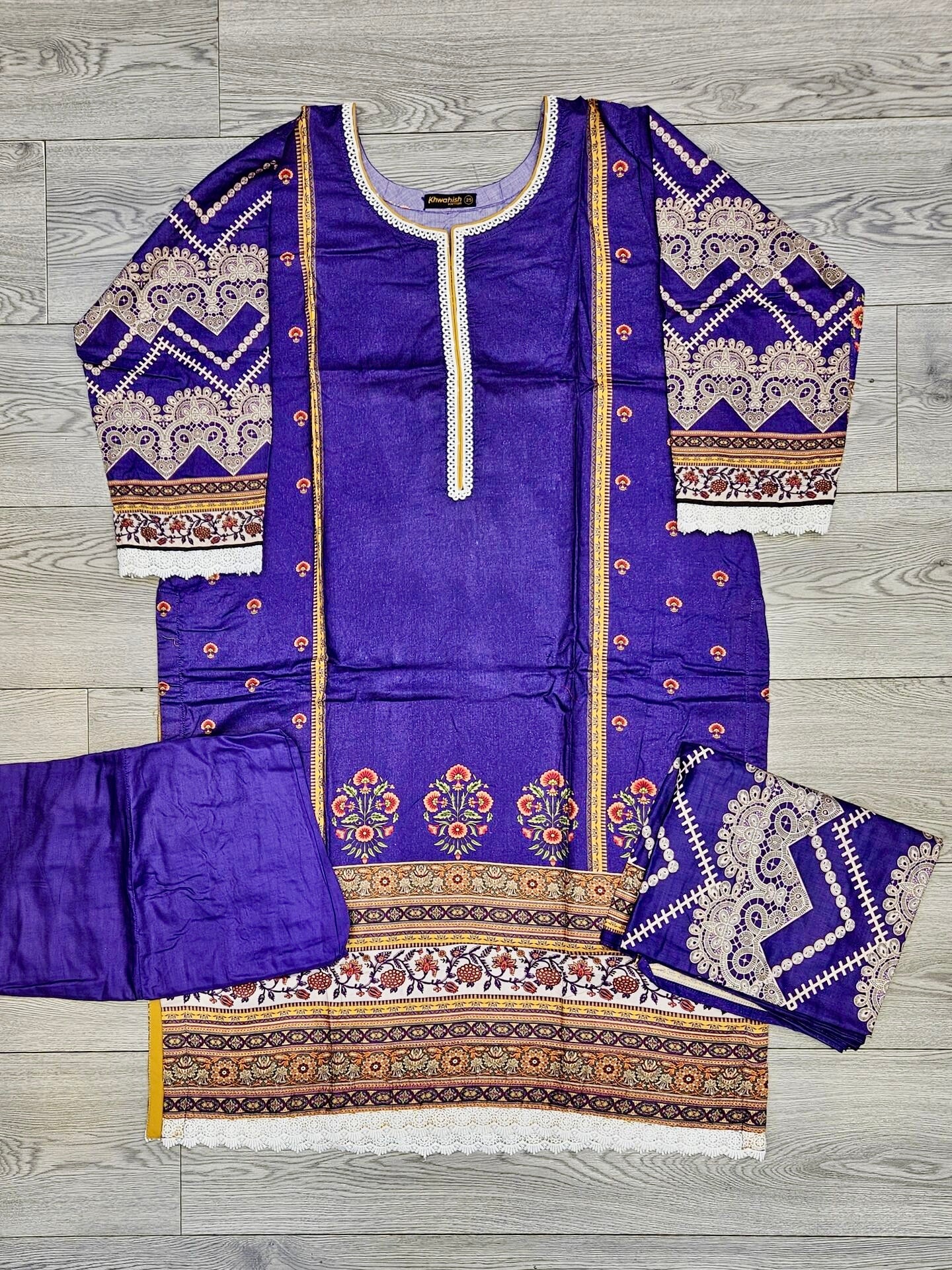Violet floral print linen fabric shalwar kameez - Sizes M to 8XL - Womenswear traditional casual indoor outdoor clothing plus size comfort for fall winter spring