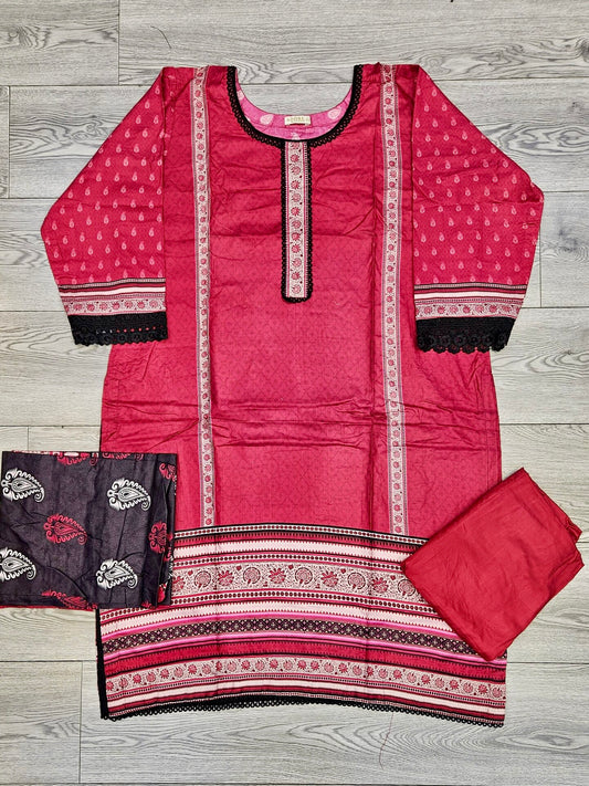 Watermelon pink coral print linen fabric shalwar kameez