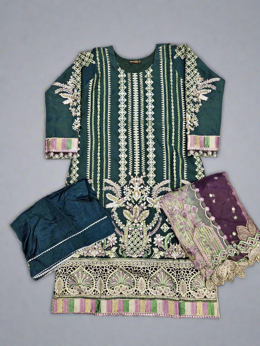 Dark green colour hand embroidered in organza fabric