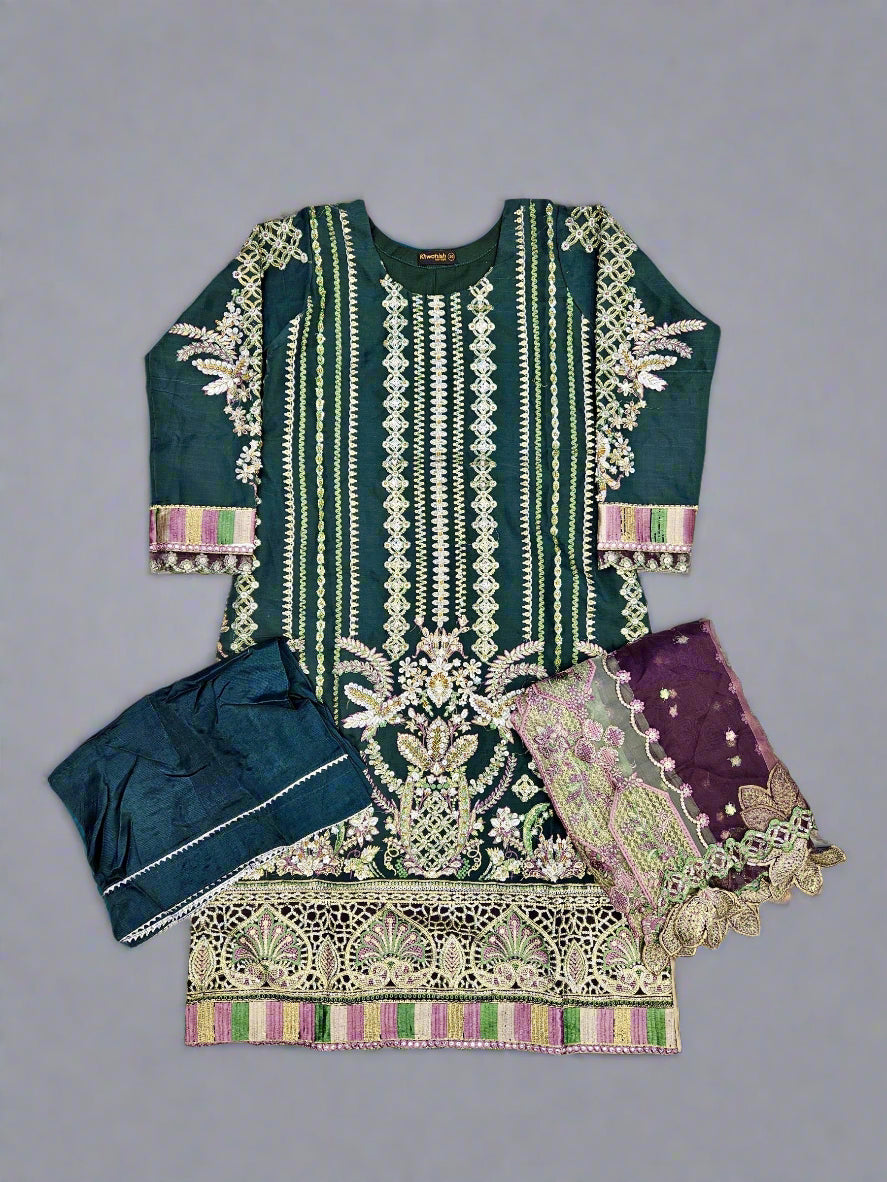 Dark green colour hand embroidered in organza fabric