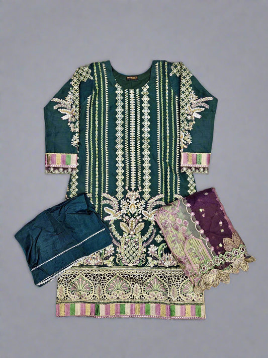 Dark green colour hand embroidered in organza fabric