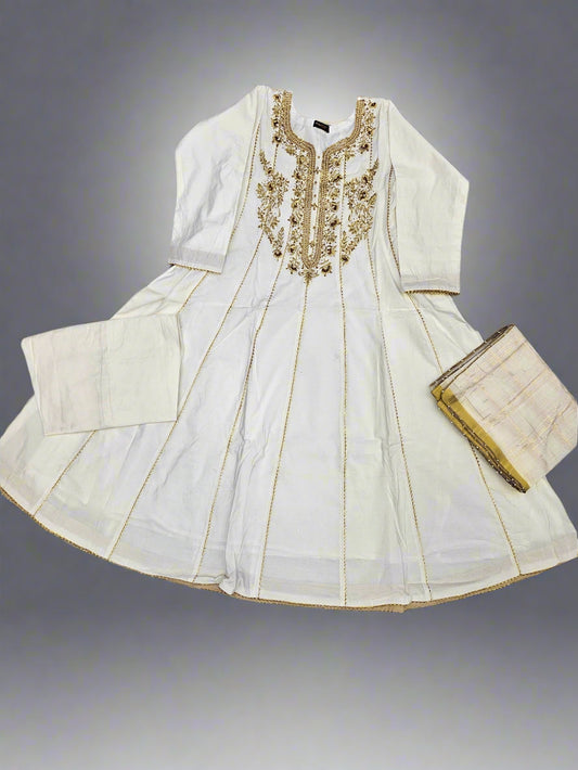 White and gold colour hand embroidered dress