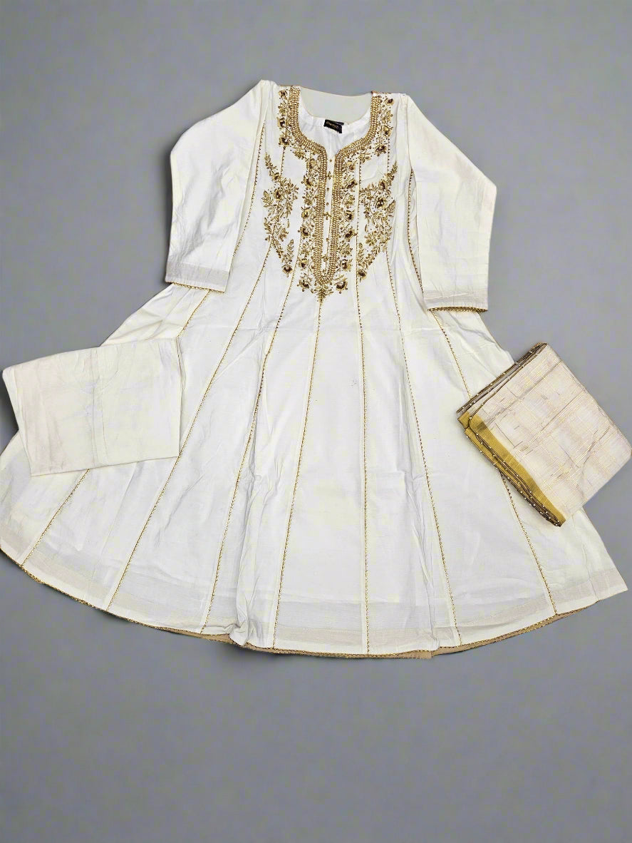 White and gold colour hand embroidered dress