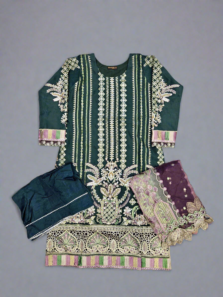 Dark green colour hand embroidered in organza fabric