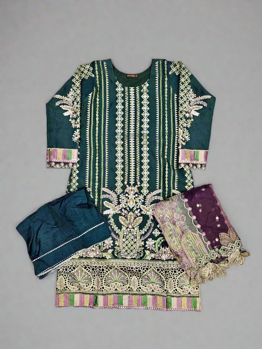 Dark green colour hand embroidered in organza fabric