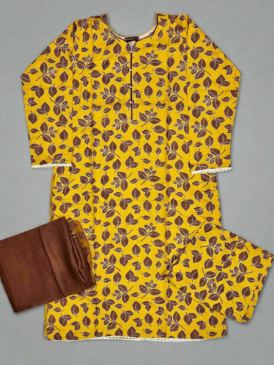 Yellow and brown colour floral print linen fabric shalwar kameez