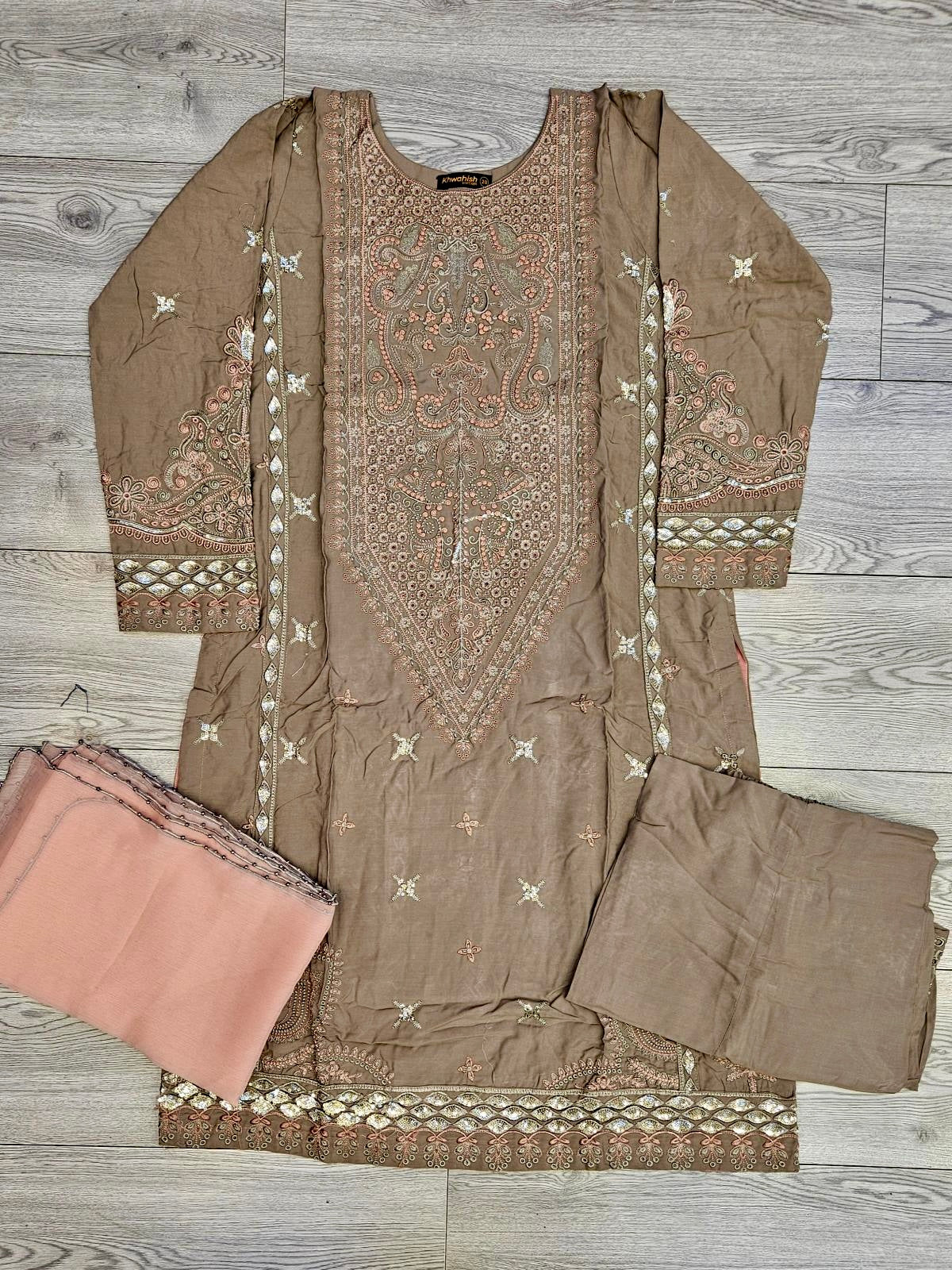 CRM dull brown colour thread zari embroidered