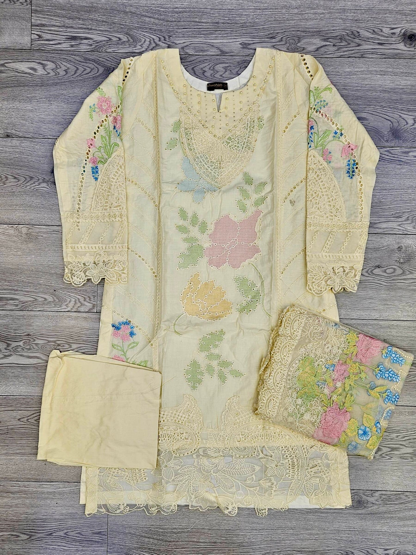 MB embroidered light yellow colour sequins and lasercut