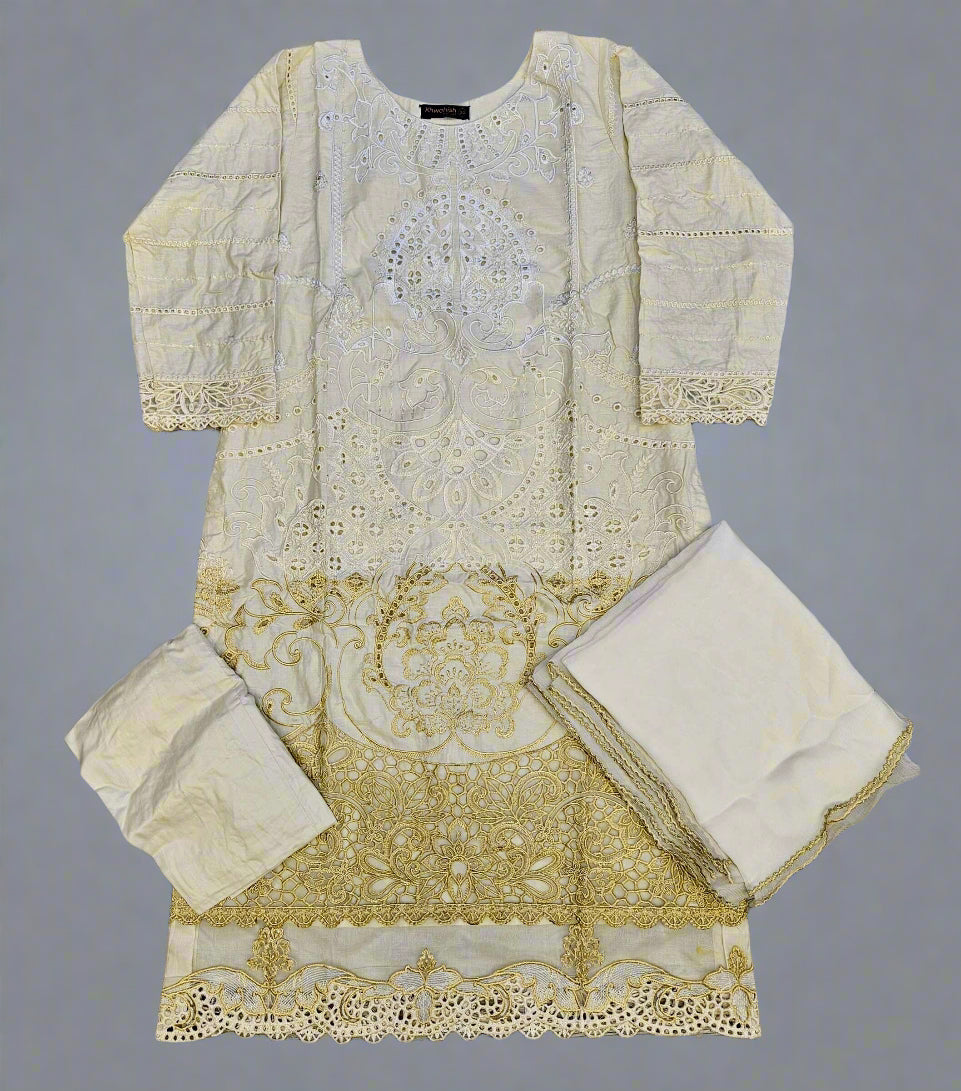 MB white gold colour thread and sequins laser cutwork