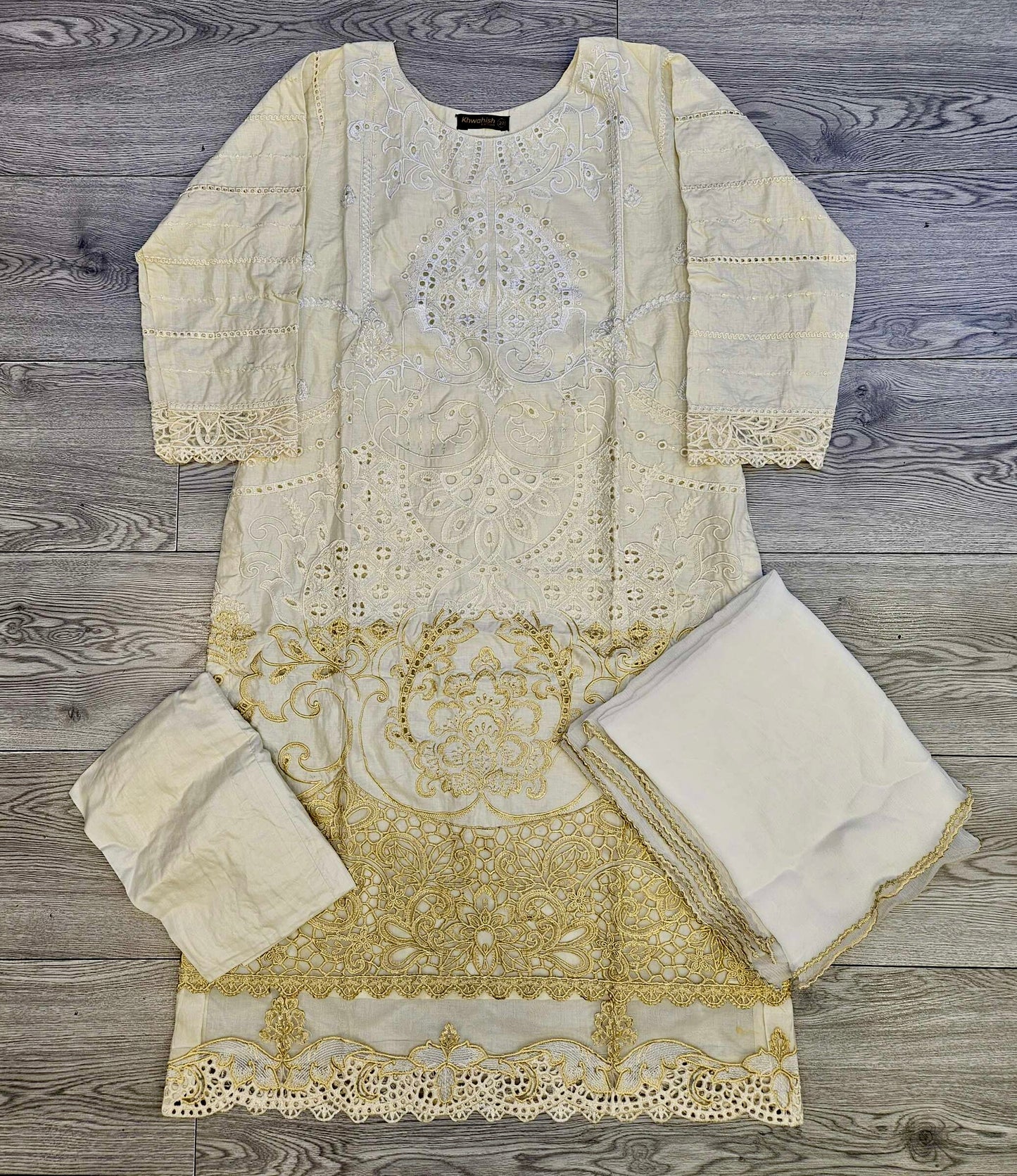 MB white gold colour thread and sequins laser cutwork