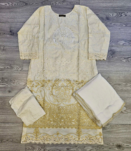 MB white gold colour thread and sequins laser cutwork