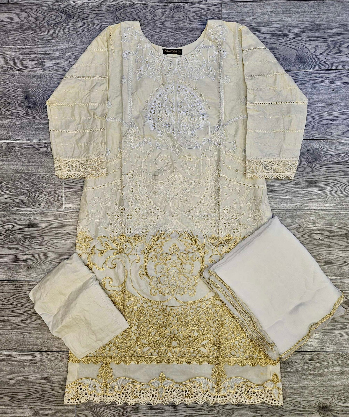 MB white gold colour thread and sequins laser cutwork