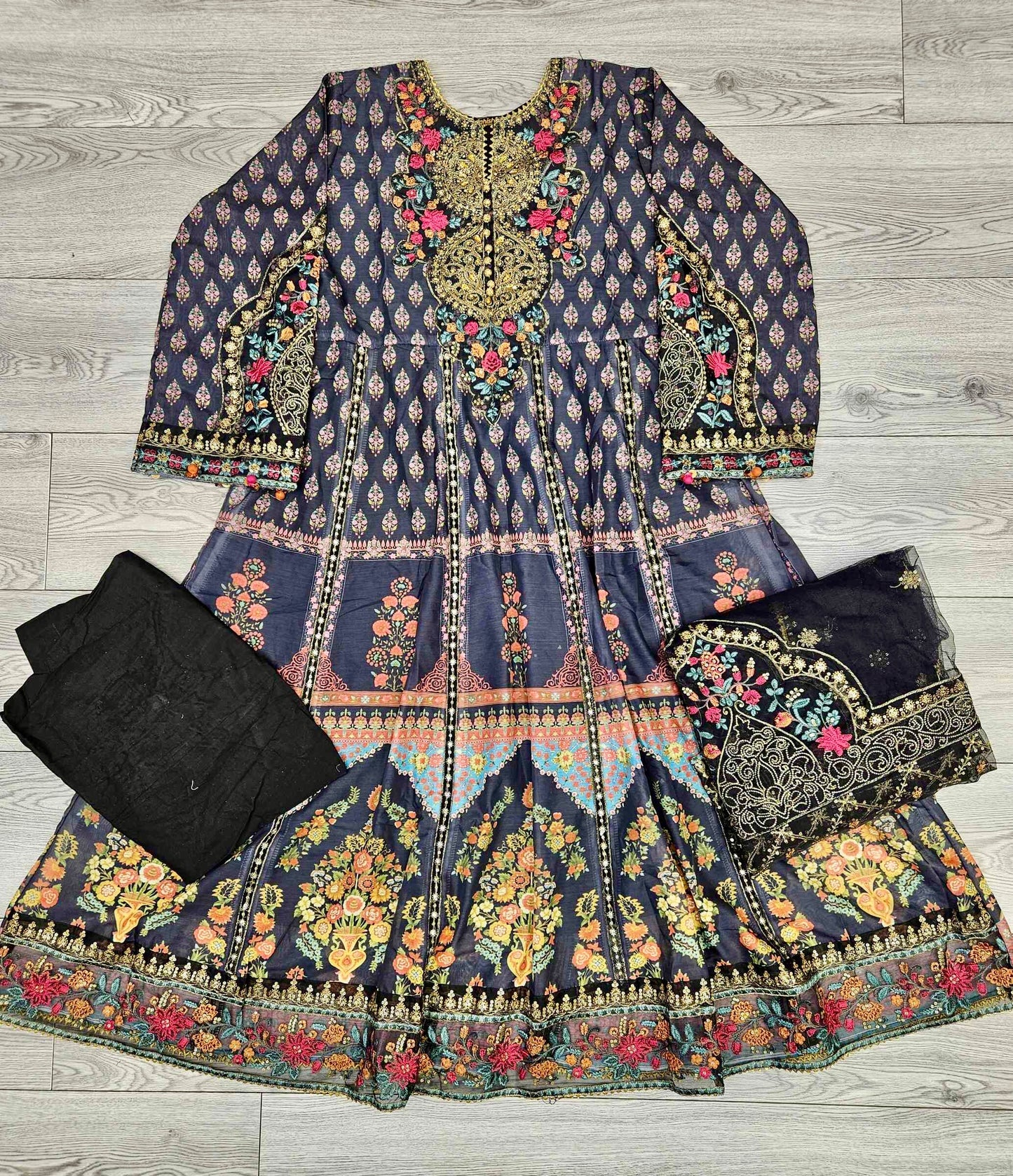 MB black and pumpkin orange colour thread and zari embroidered silk cotton fabric anarkali dress embroidery net dupatta in Sizes M to 2XL - Womenswear traditional casual clothing plus size comfort for spring summer