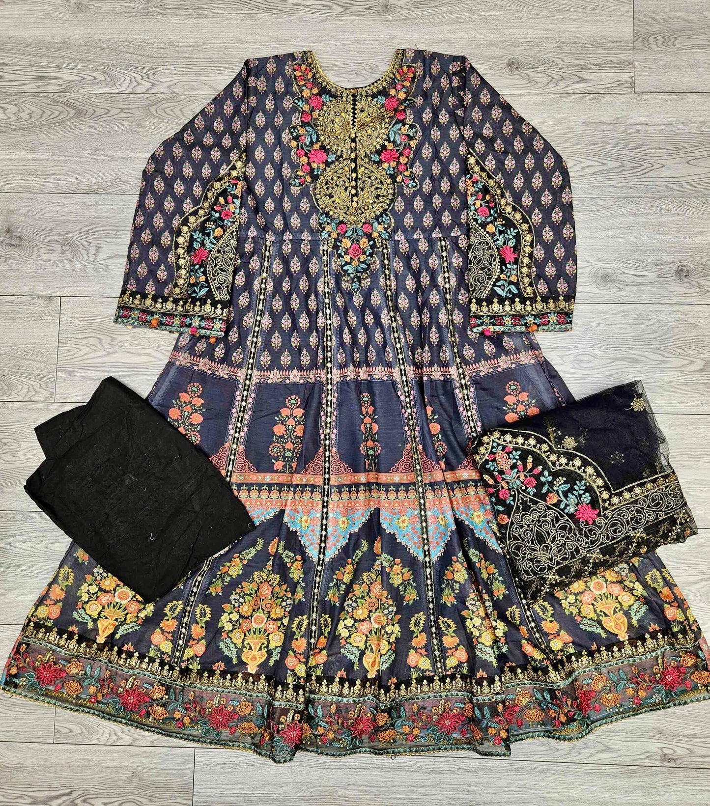 MB black and pumpkin orange colour thread and zari embroidered silk cotton fabric anarkali dress embroidery net dupatta in Sizes M to 2XL - Womenswear traditional casual clothing plus size comfort for spring summer