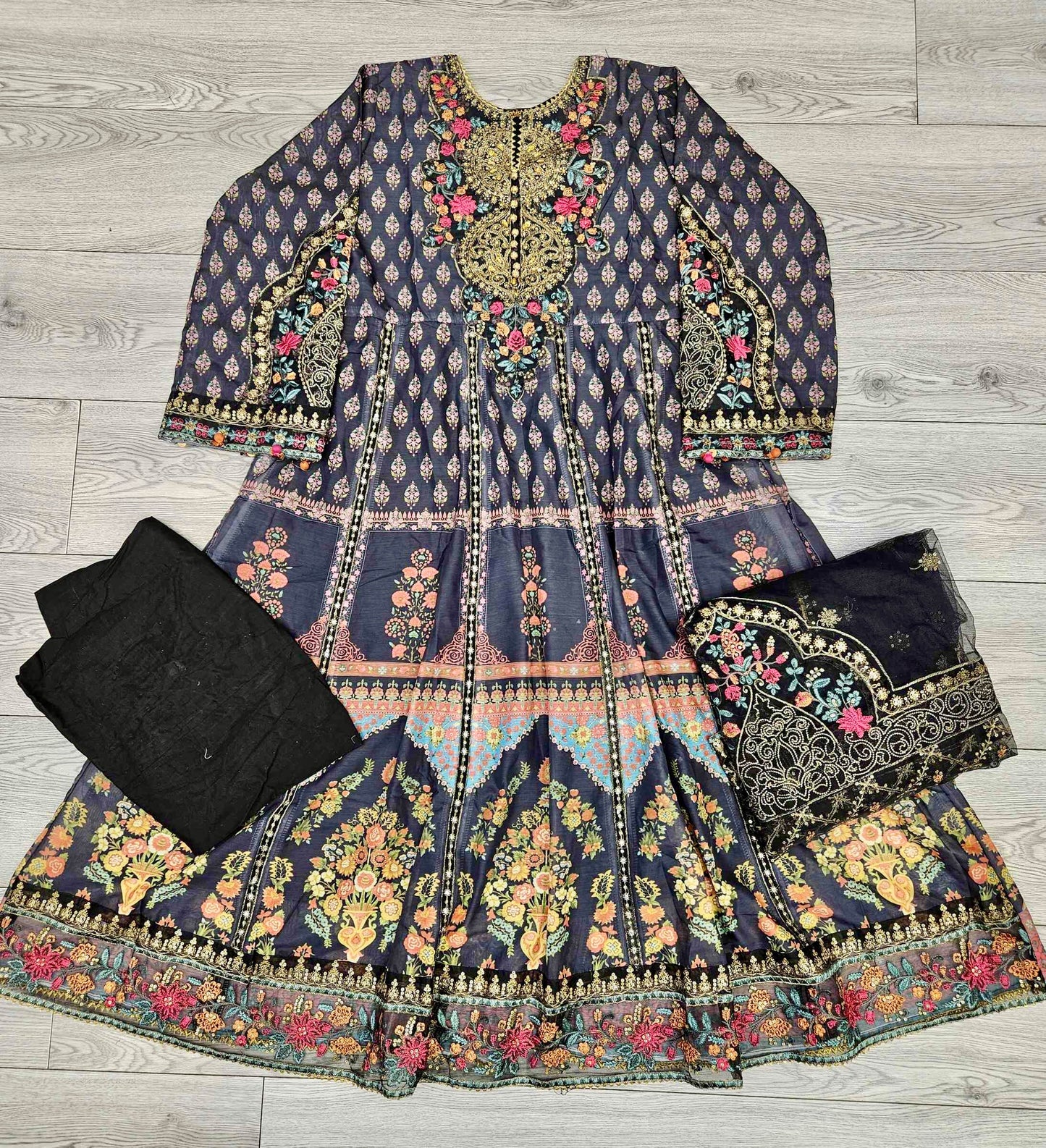 MB black and pumpkin orange colour thread and zari embroidered silk cotton fabric anarkali dress embroidery net dupatta in Sizes M to 2XL - Womenswear traditional casual clothing plus size comfort for spring summer