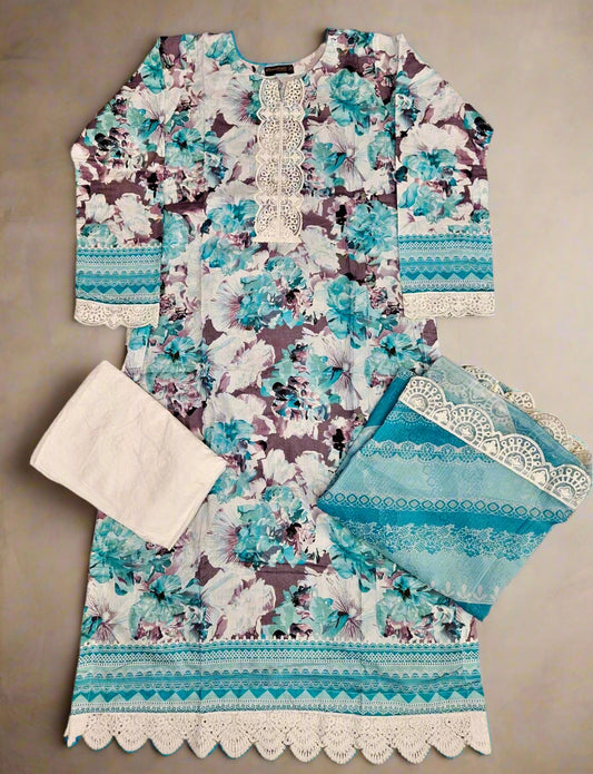 MB Baby blue and vampire grey colour floral print with embroidery