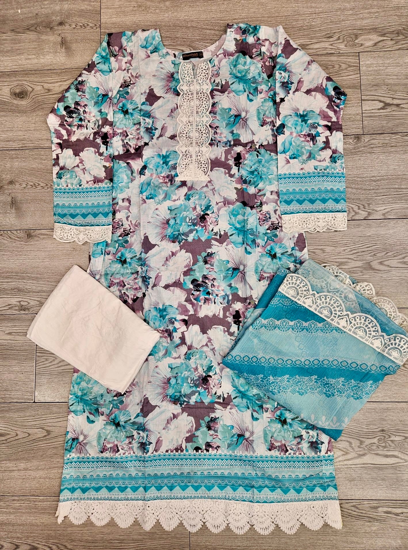 MB Baby blue and vampire grey colour floral print with embroidery