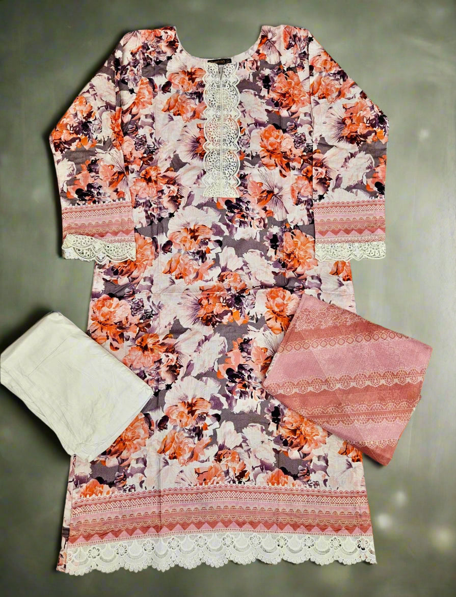MB Tiger orange and white colour floral print with embroidery