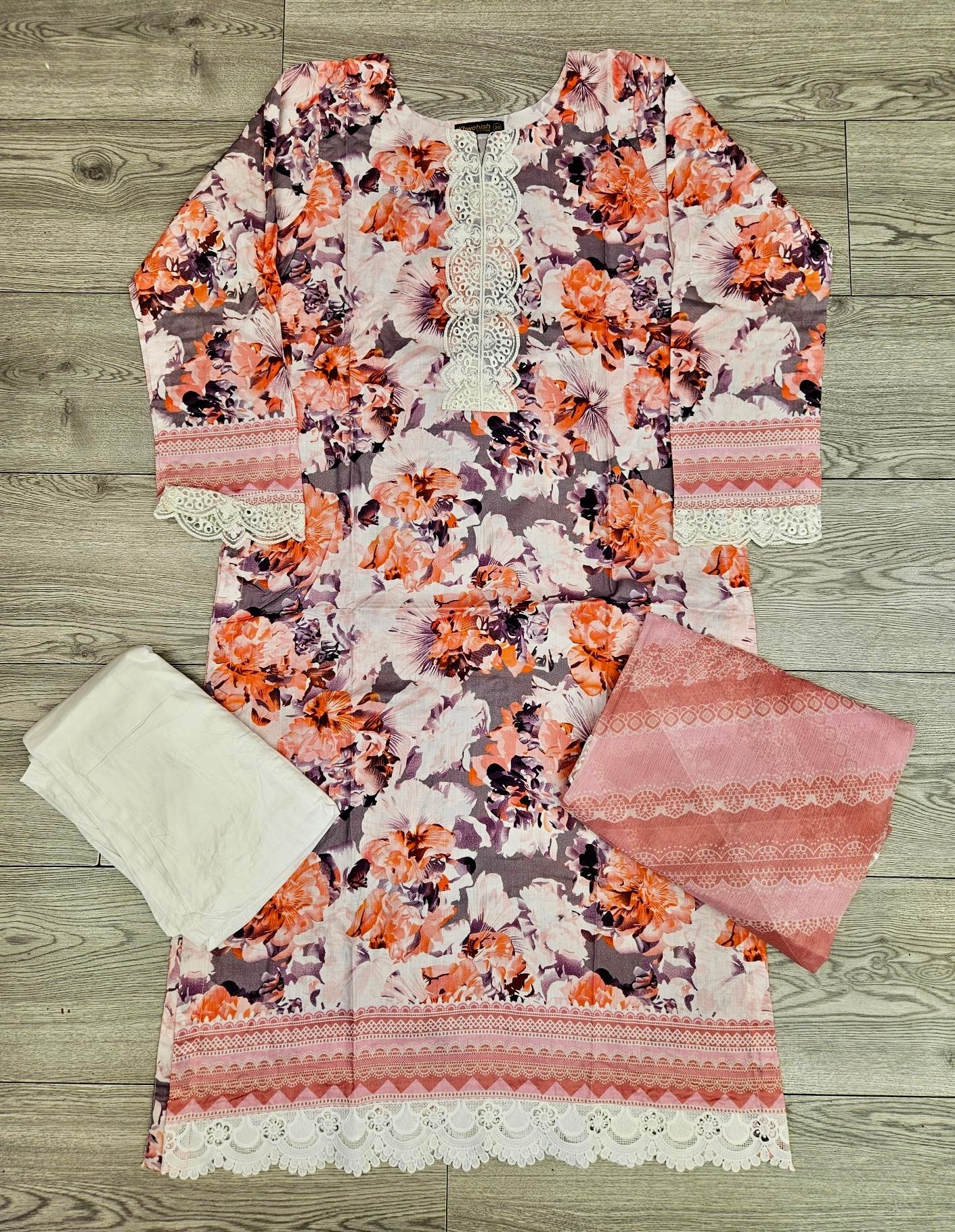 MB Tiger orange and white colour floral print with embroidery