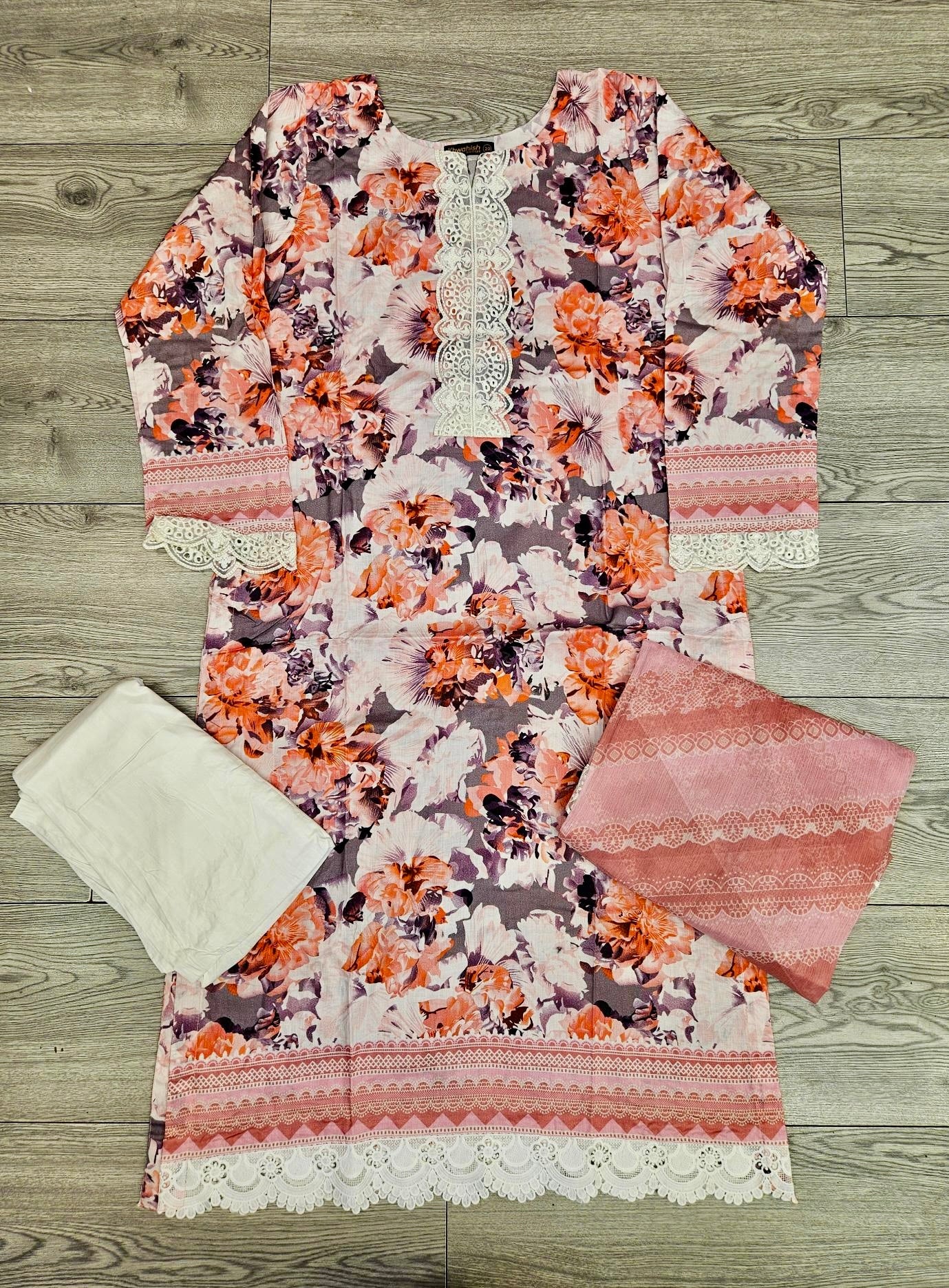 MB Tiger orange and white colour floral print with embroidery
