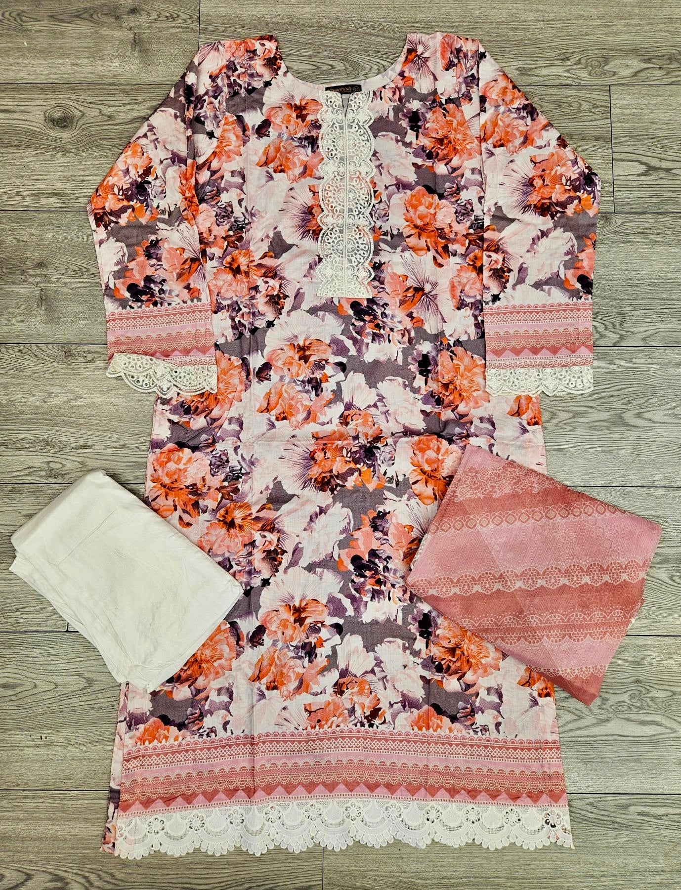 MB Tiger orange and white colour floral print with embroidery
