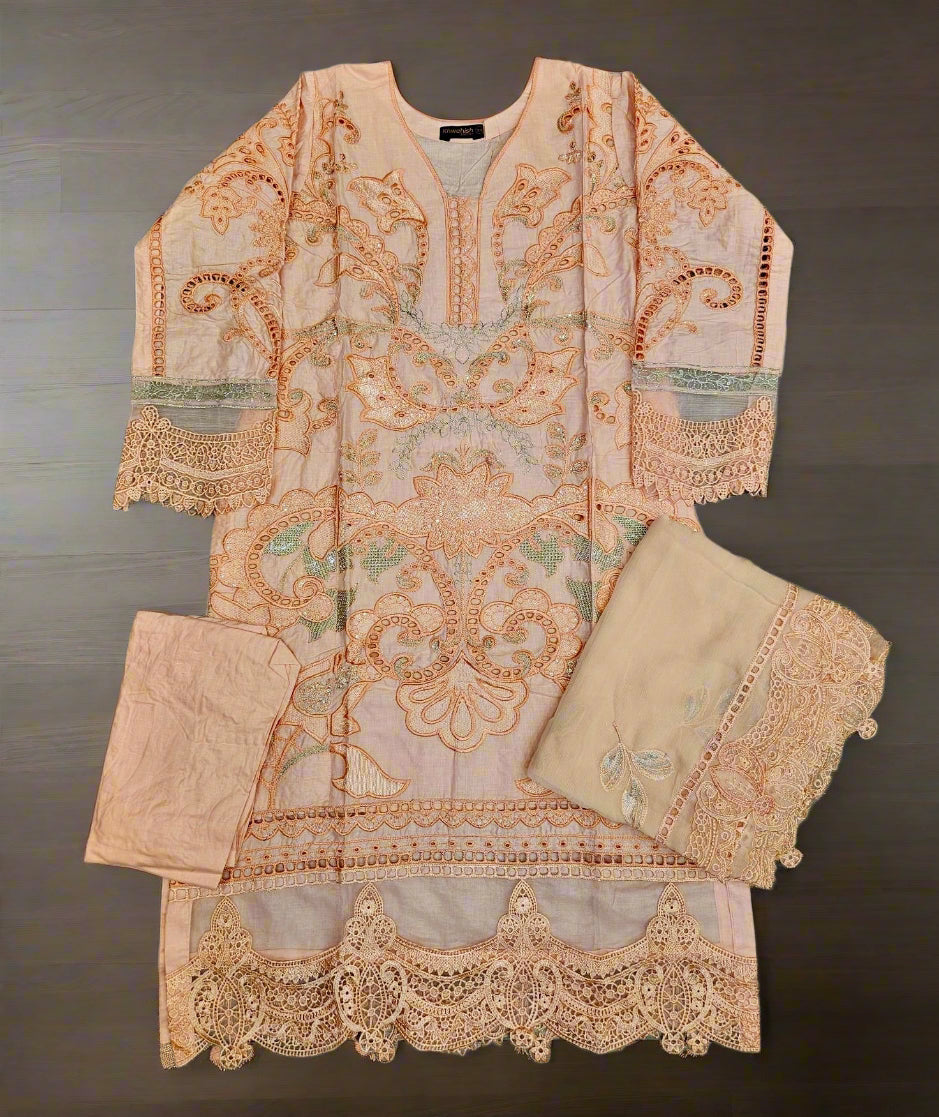 MB Peach and steel gray colour laser cutwork chikan embroidery