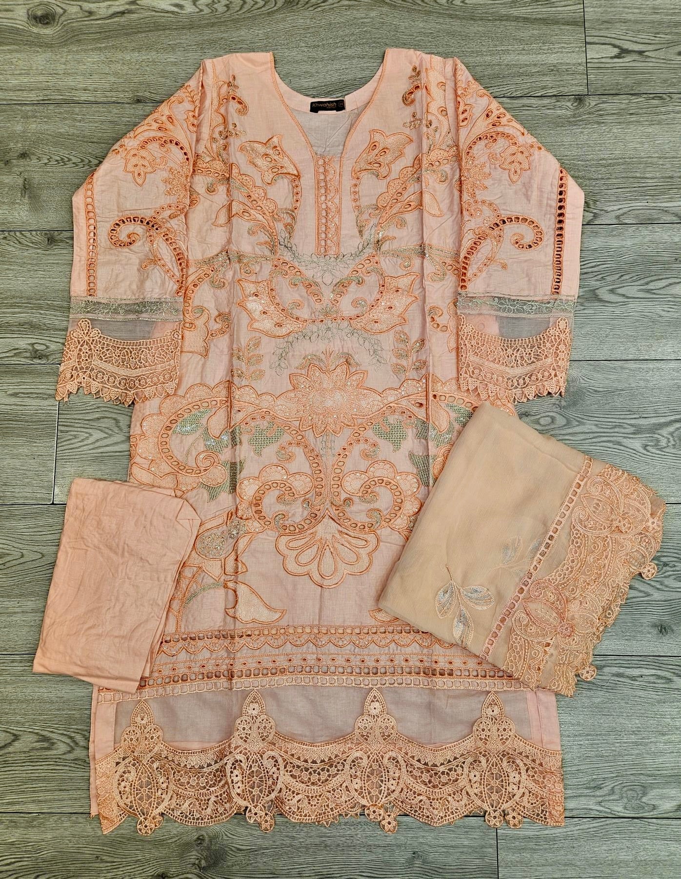 MB Peach and steel gray colour laser cutwork chikan embroidery