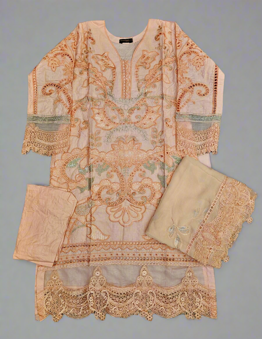 MB Peach and steel gray colour laser cutwork chikan embroidery