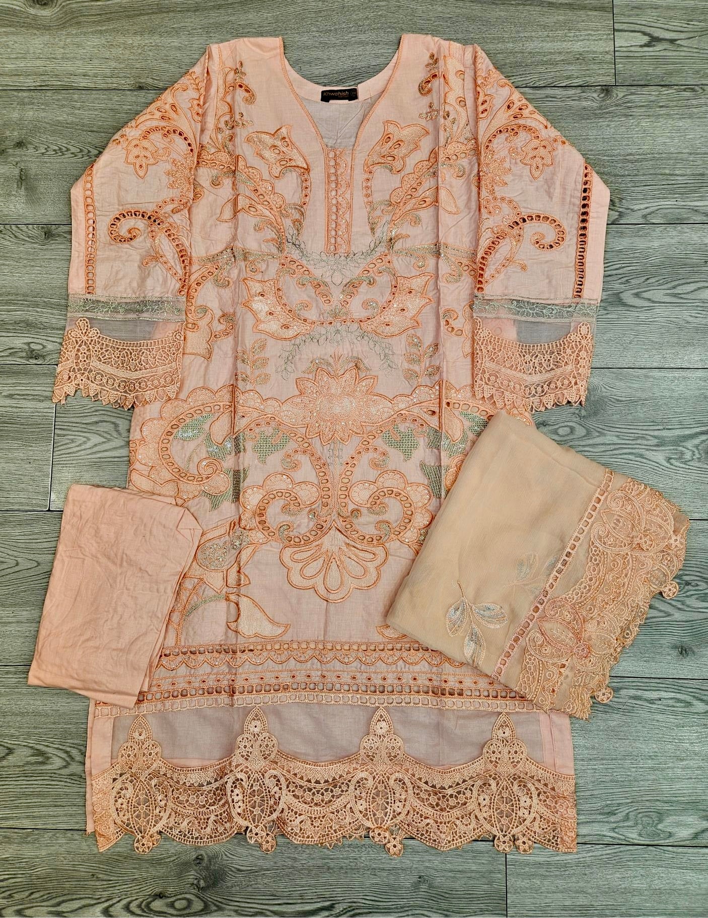 MB Peach and steel gray colour laser cutwork chikan embroidery