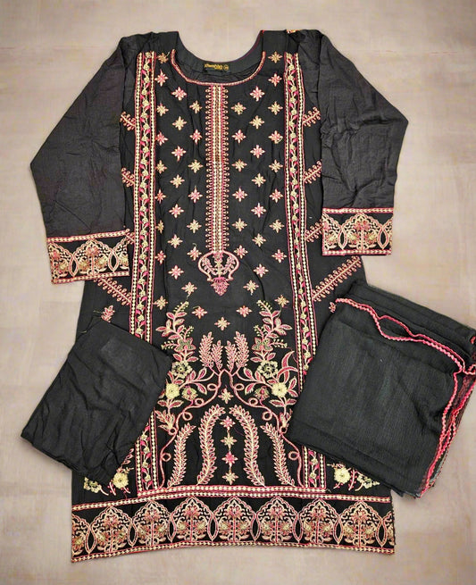 AD6 Black and rose red colour thread and sequins embroidery shalwar kameez in linen fabric