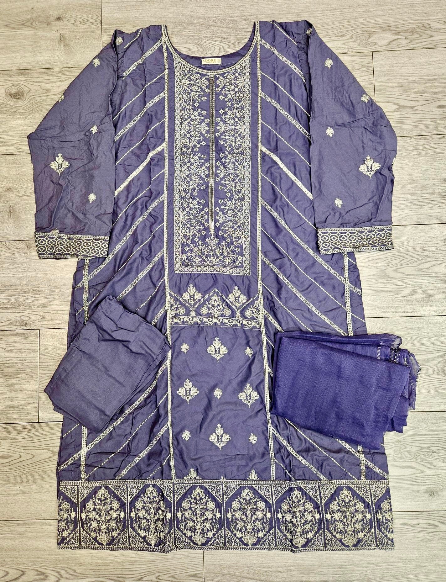 AD5 Iris purple and dark silver colour zari and thread embroidery shalwar kameez in linen fabric