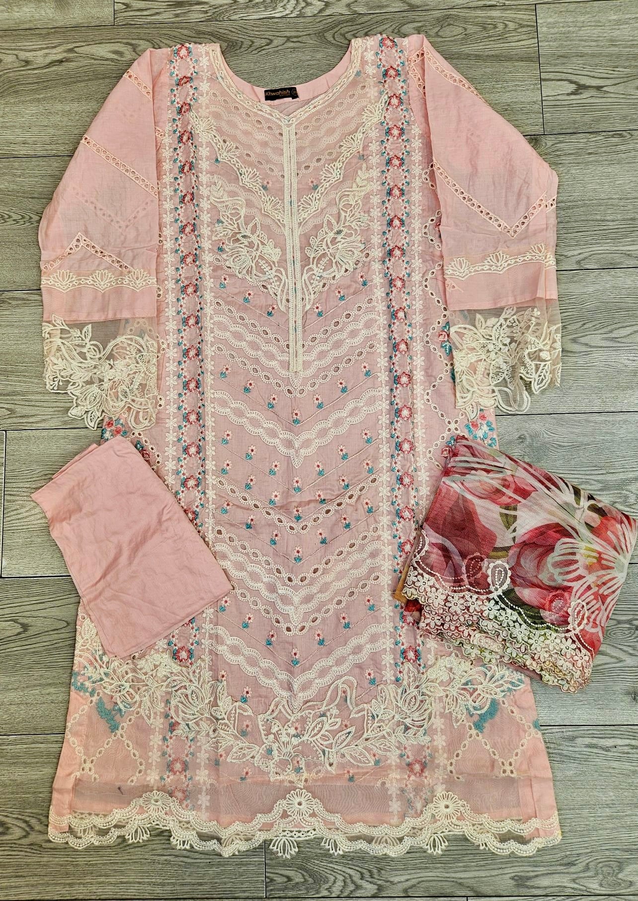 CRM Rose pink colour laser cut chikan embroidery in thread and sequins shalwar kameez in cotton fabric