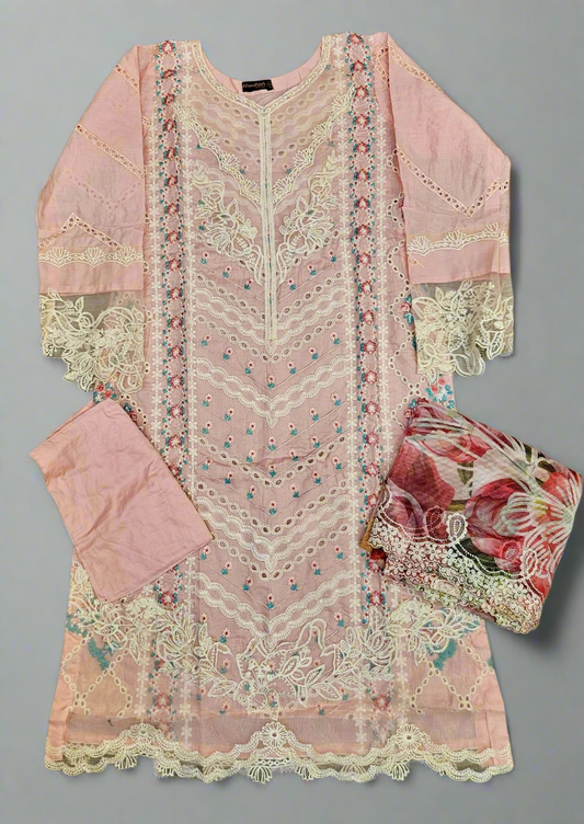 CRM Rose pink colour laser cut chikan embroidery in thread and sequins shalwar kameez in cotton fabric