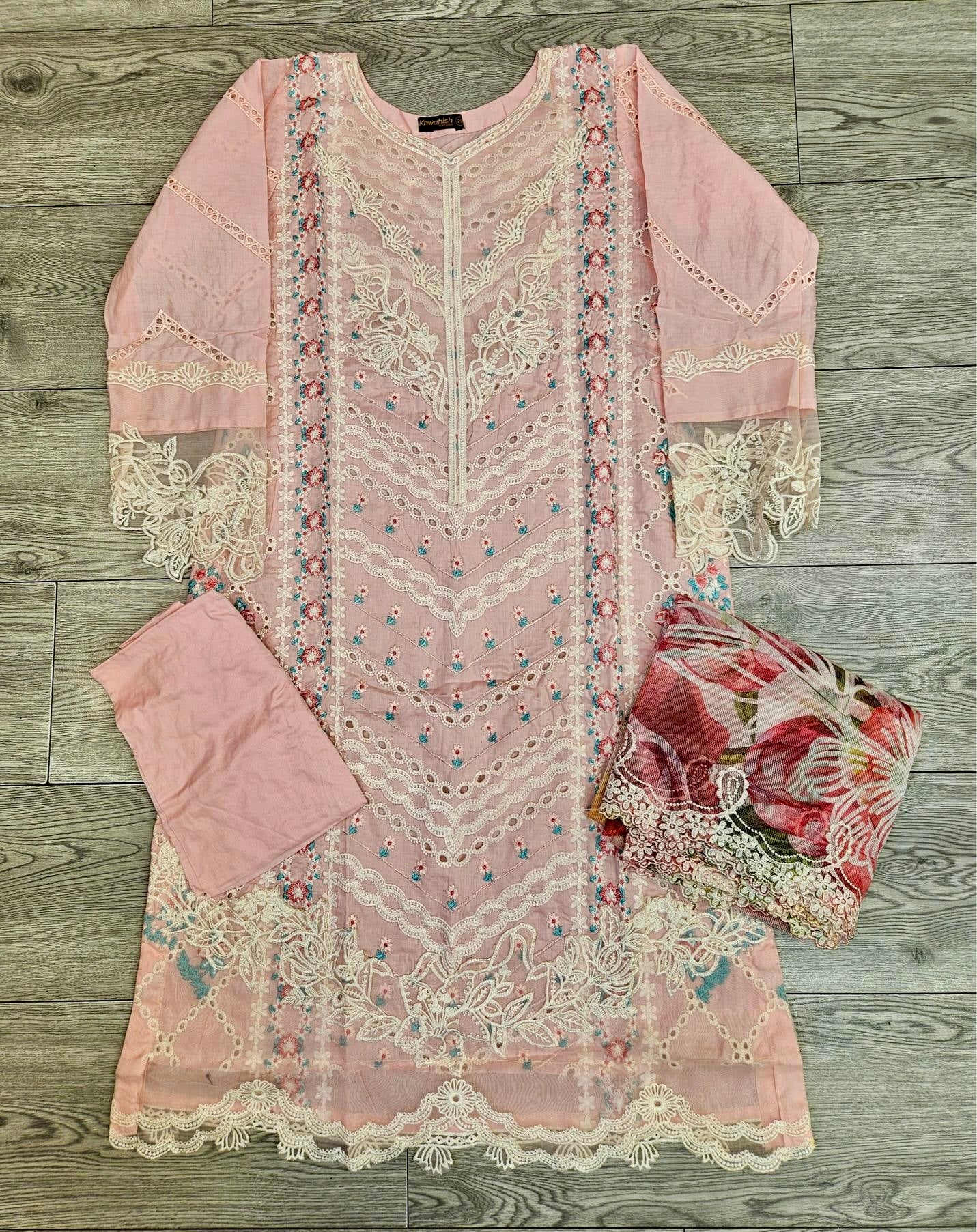 CRM Rose pink colour laser cut chikan embroidery in thread and sequins shalwar kameez in cotton fabric