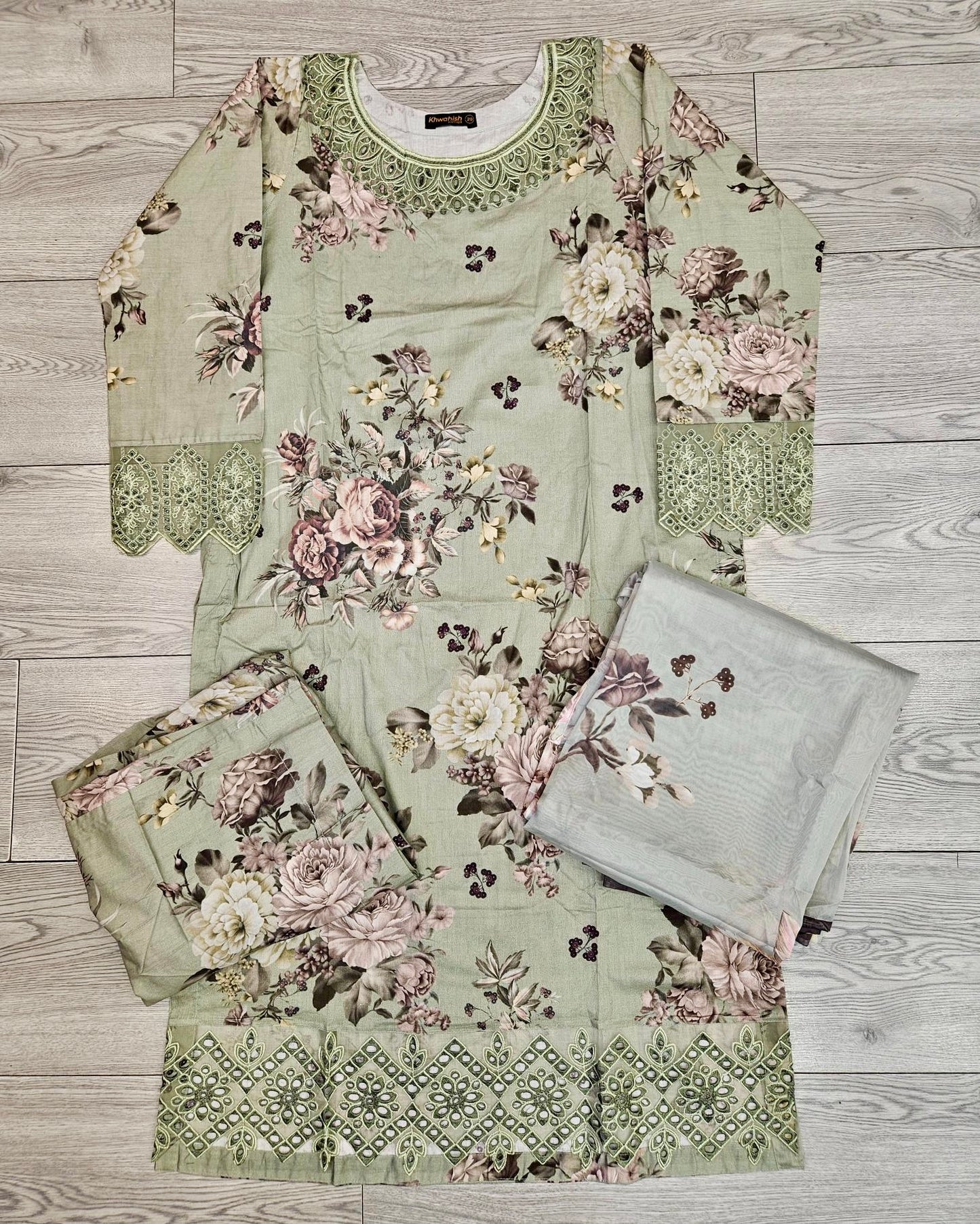 MB Swamp green and black colour floral print with embroidery