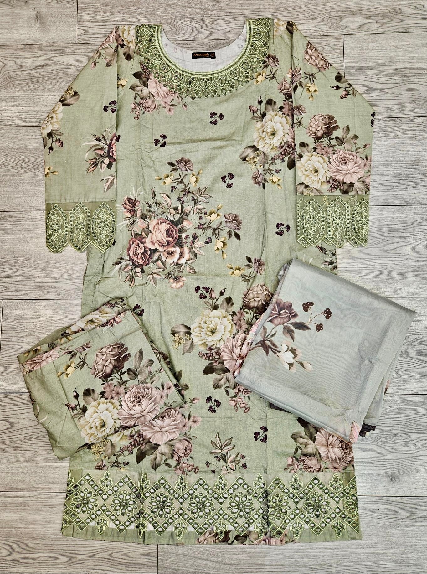 MB Swamp green and black colour floral print with embroidery