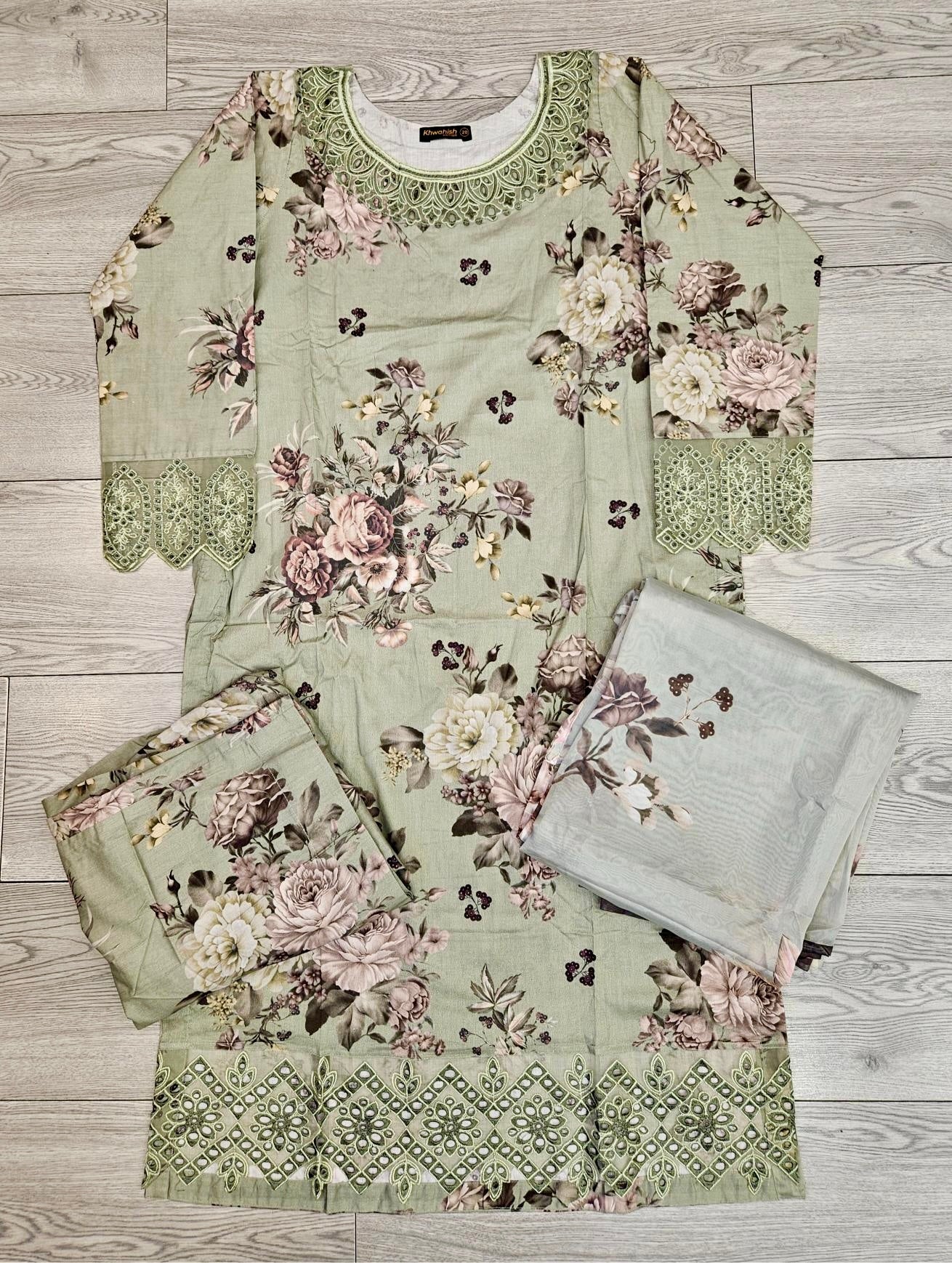 MB Swamp green and black colour floral print with embroidery
