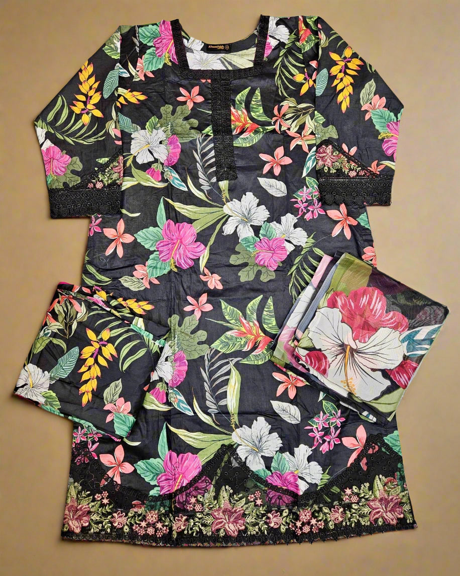 MB Black and pink colour floral print with embroidery cotton fabric