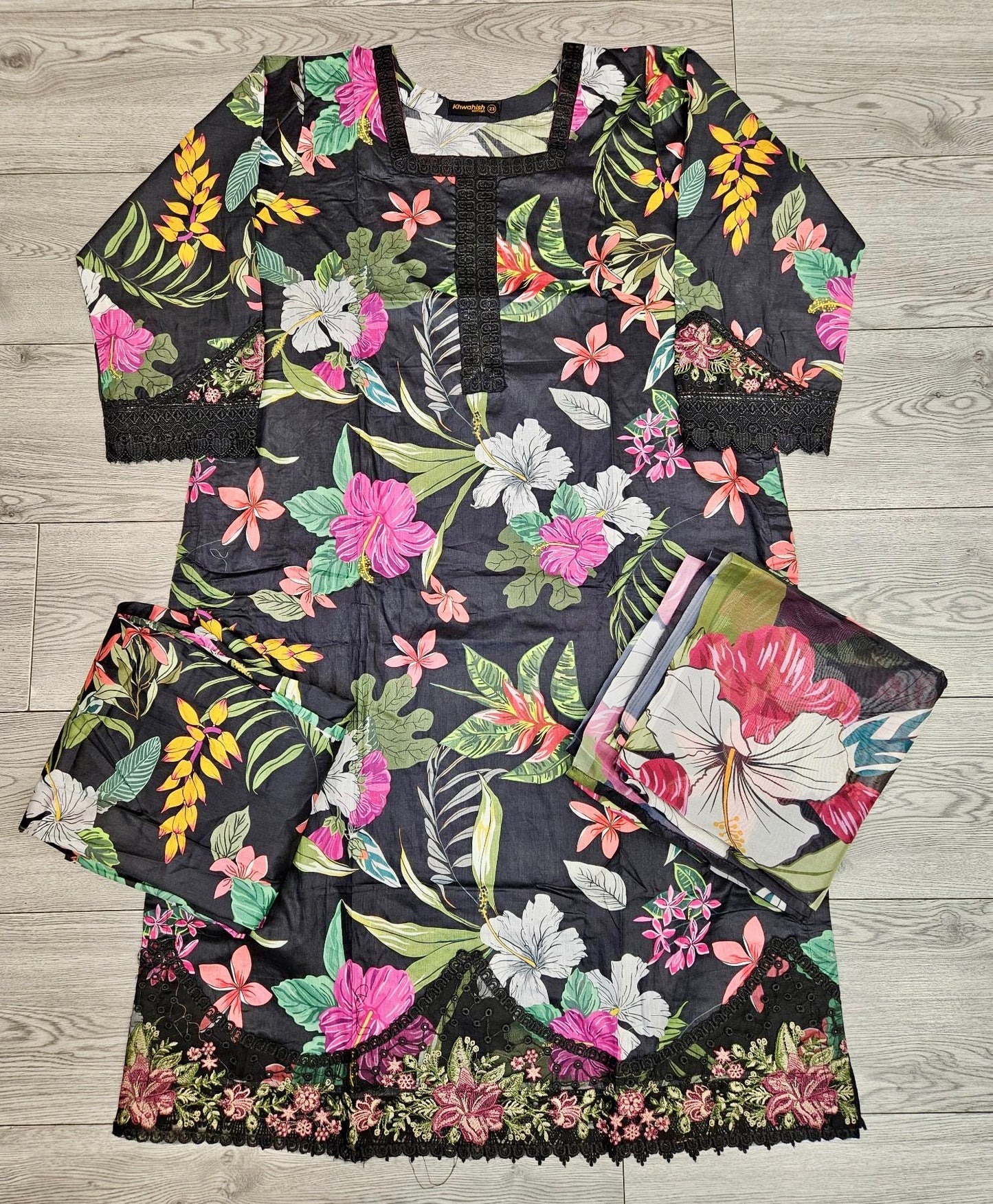 MB Black and pink colour floral print with embroidery cotton fabric