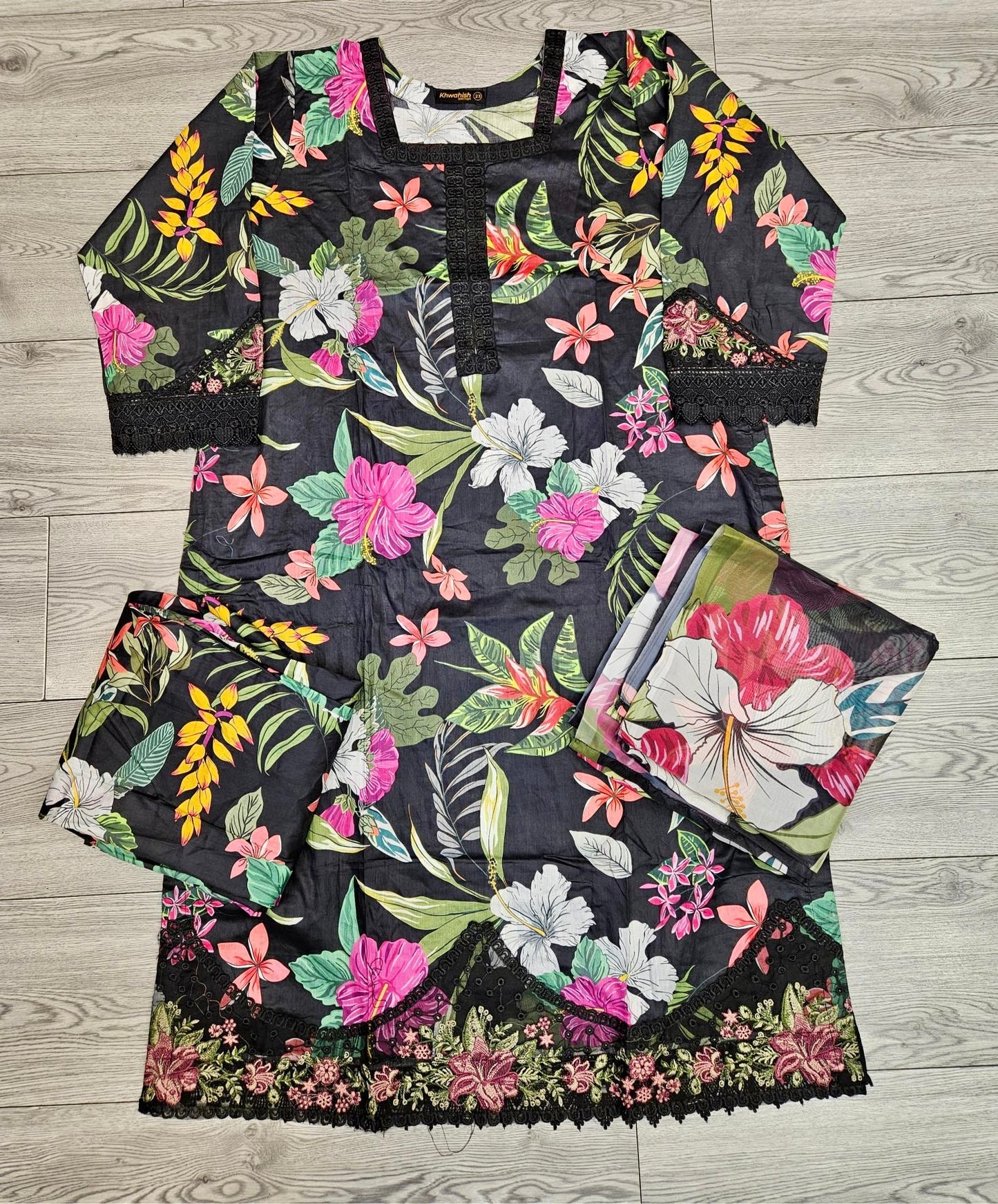 MB Black and pink colour floral print with embroidery cotton fabric