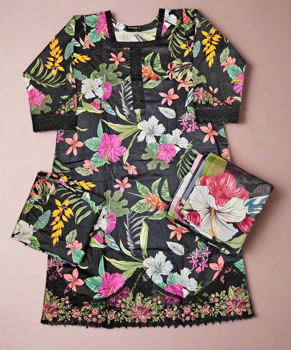 MB Black and pink colour floral print with embroidery cotton fabric