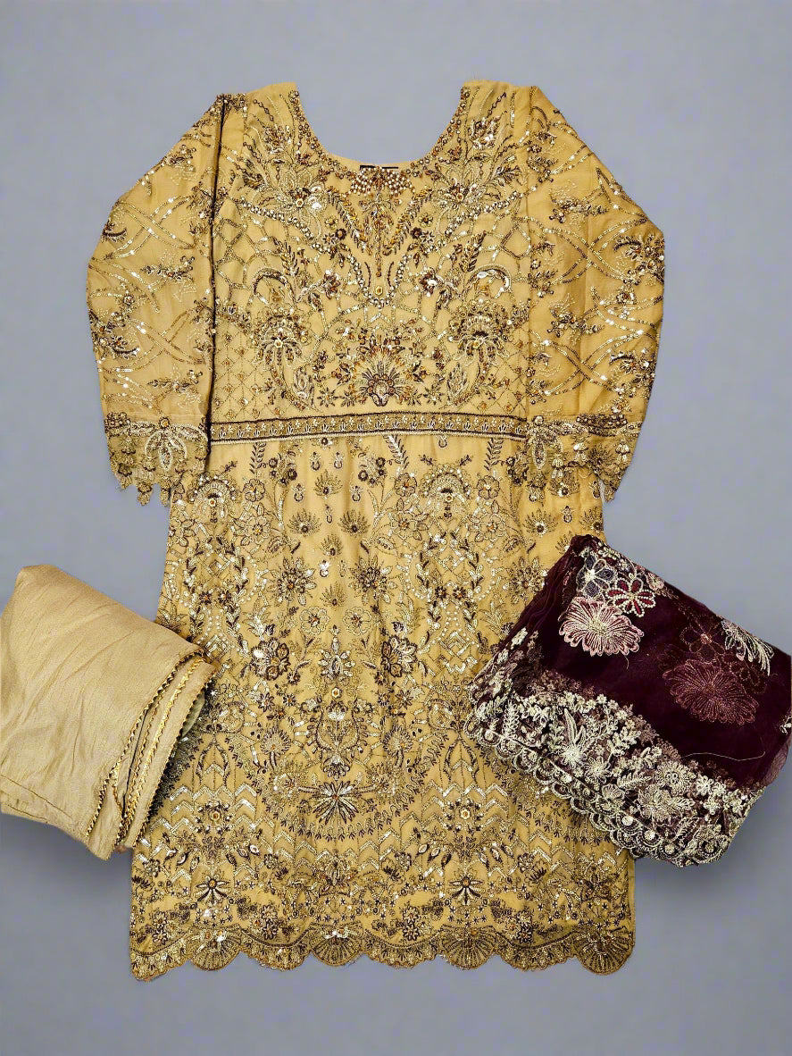 ZC mustard and wine red colour hand embellished chiffon sharara suit